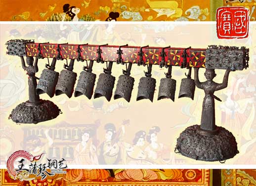 8件古編鐘，銅人銅座裝飾，可發(fā)音